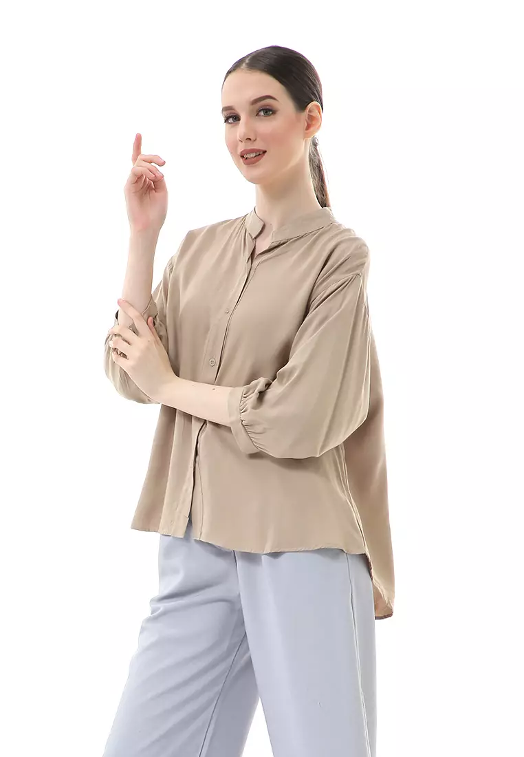 Ghita Kemeja Atasan Wanita Motif Polos Long Sleeve High Quality - Khaki