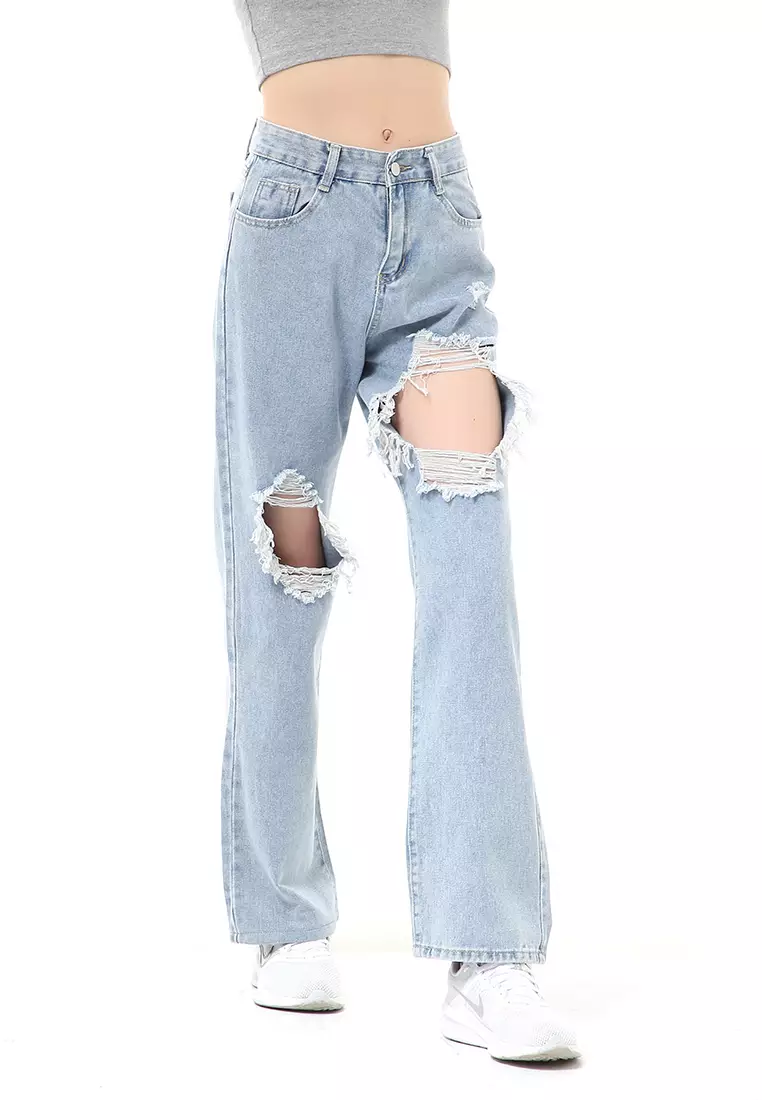 Stella Highwaist Baggy Ripped Jeans Wanita Long Pants Desain Sobek Material Denim ORIGINAL - Blue