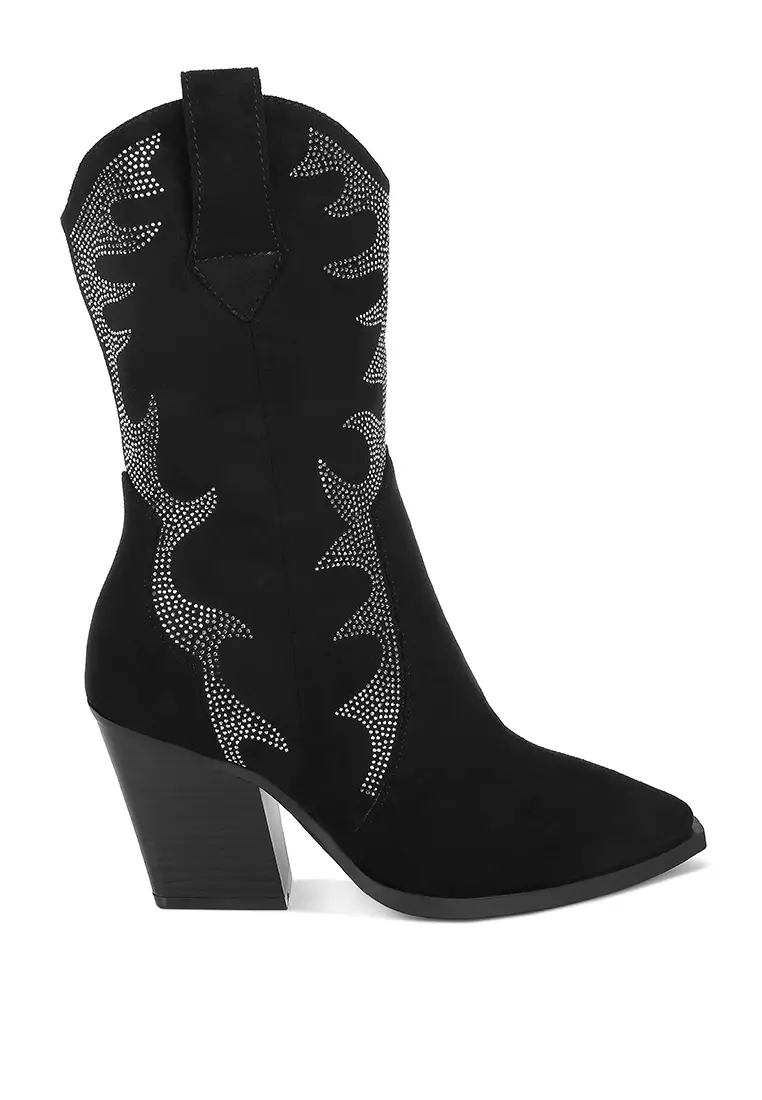 Rhinestones Embellished Calf Boots in Black