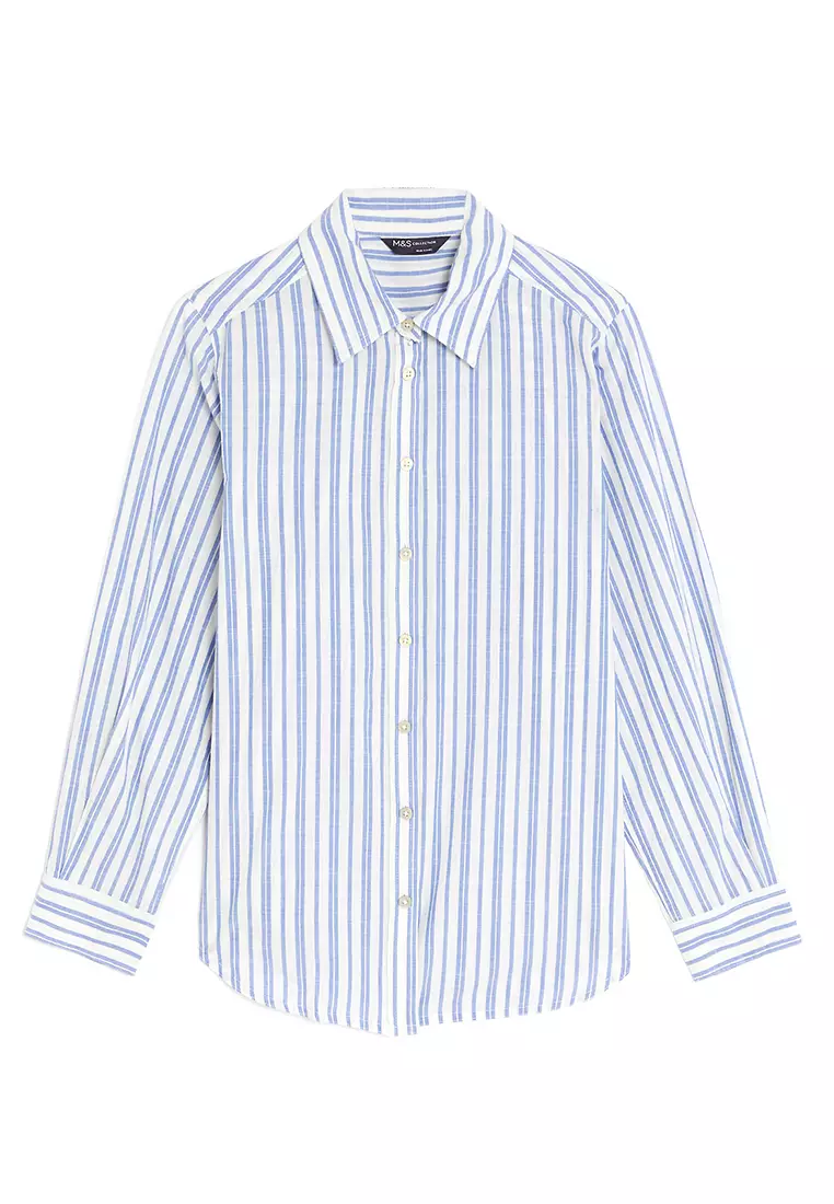 Jual Marks & Spencer Pure Cotton Striped Collared Longline Shirt ...