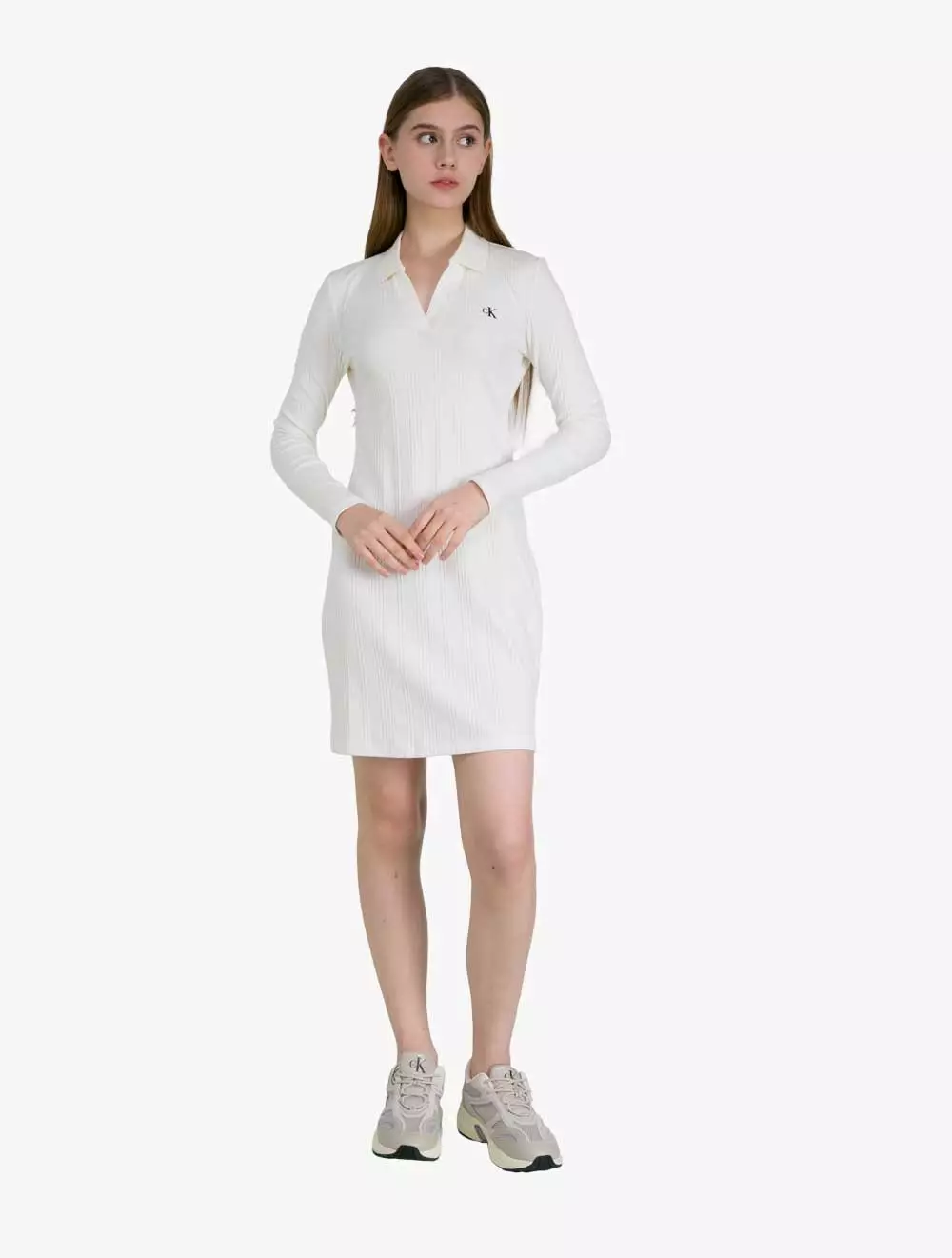 Calvin Klein Jeans - CK Logo Rib Long Sleeve Polo Dress - White - white