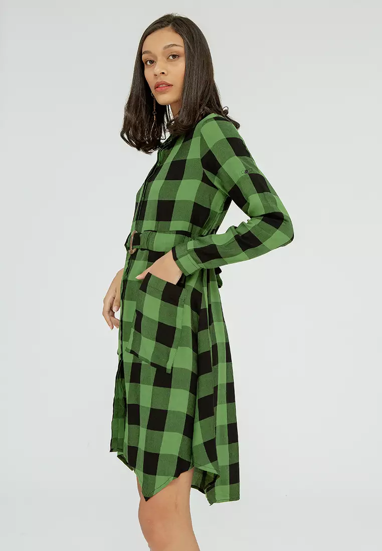 Green Plaid Shirt Dress