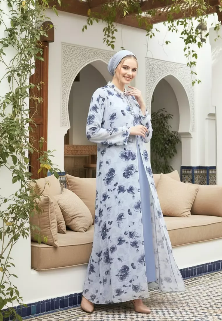 Mosleem Long Dress Floral Motif In Grey By Brilliant Girl Warna ABU-ABU