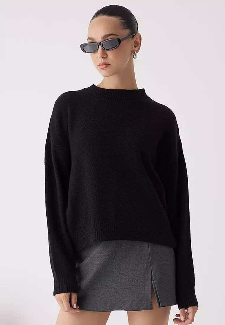 Black Alpaca Wool Blended Premium/Special Yarn Wide Fit Basic Knitwear Sweater