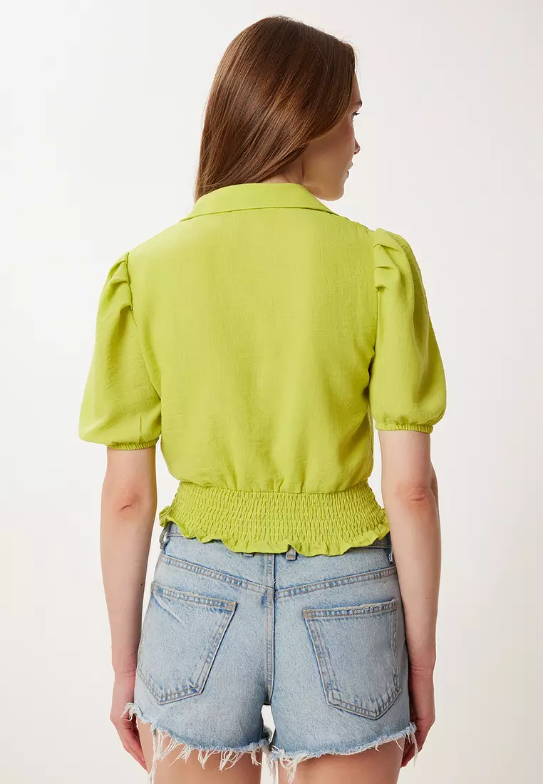 Women's Oil Green Balloon Sleeve Linen Crop Shirt Blouse Tp00081