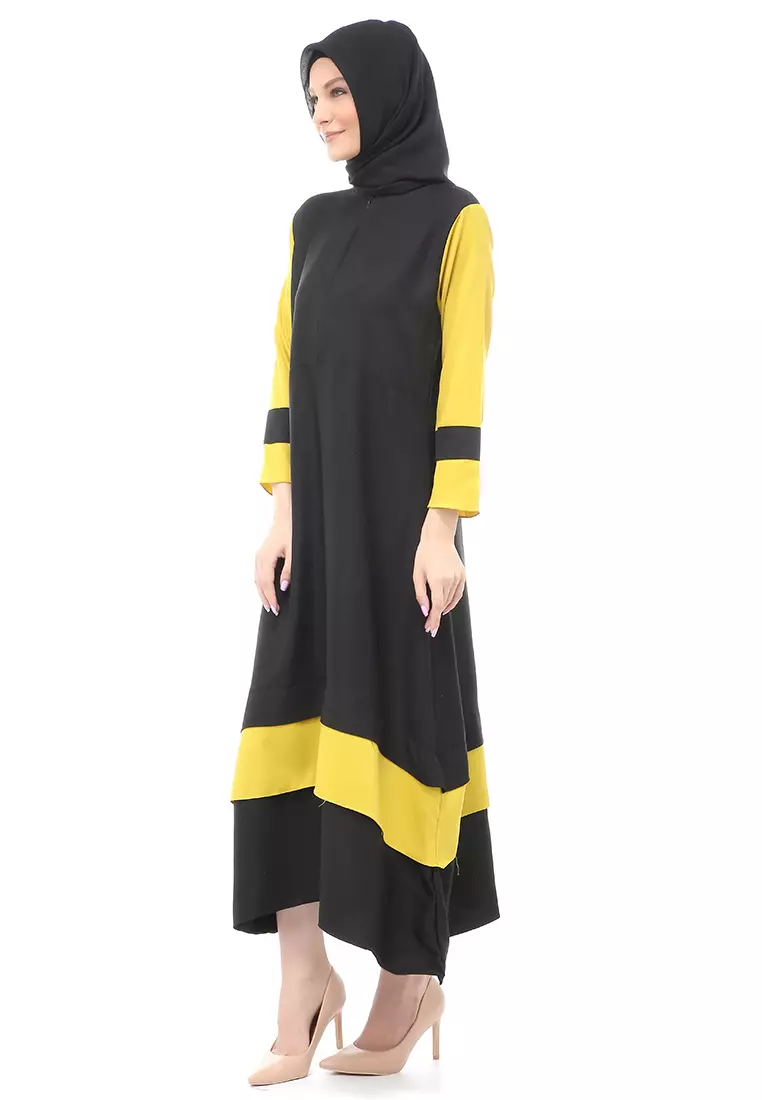 Aurel Dress Maxi Muslimah Wanita Polos Dual Tone Color Regular Fit - Black Lemon