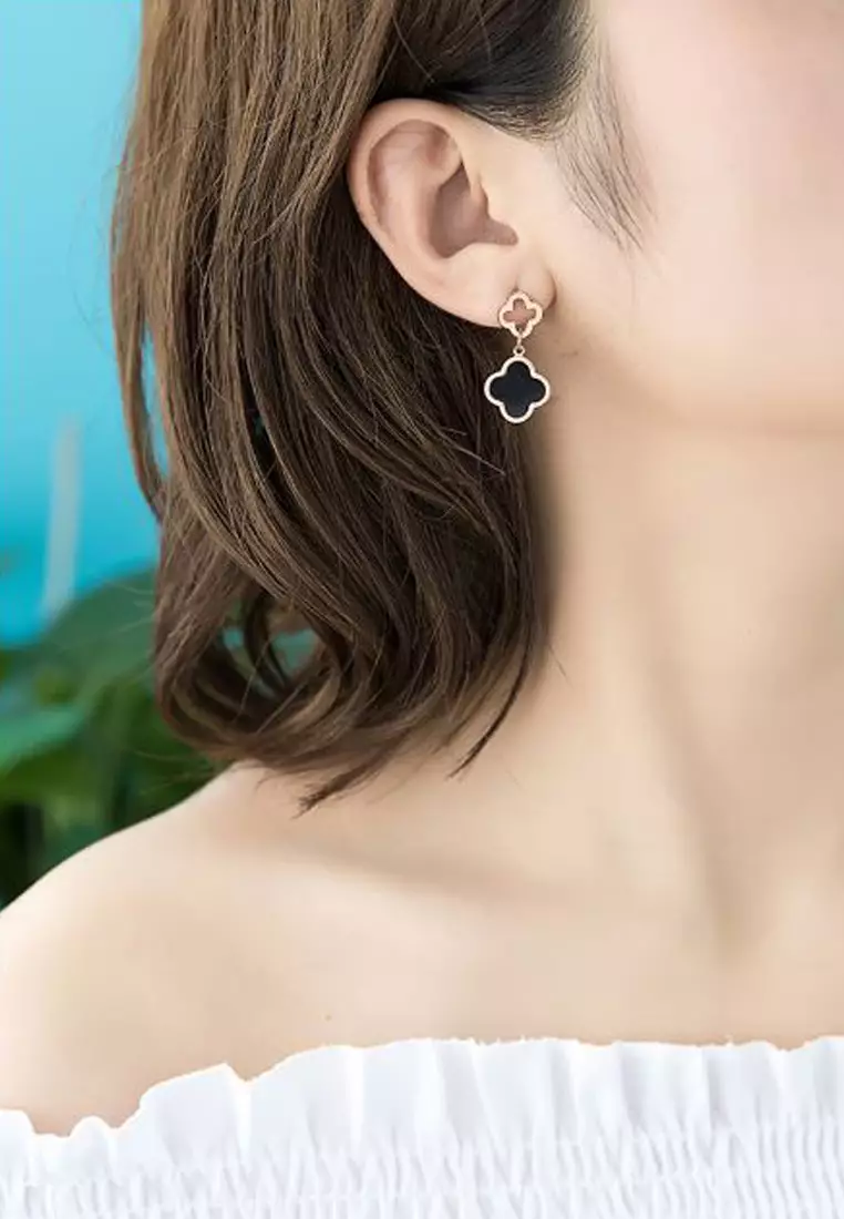 Adele Four Leaf Clover Drop Earrings in Black