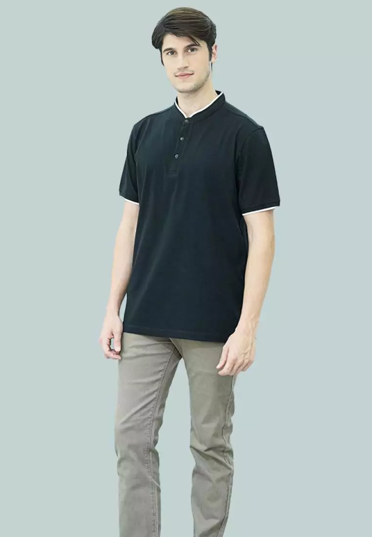 Johnwin - Kaos Henley - Kaos Lengan Pendek - Kerah Shanghai - Hitam - APS.321.M2871E.33.C-S/S