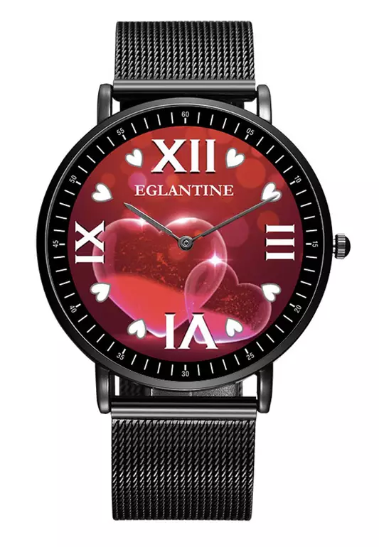 Declare your Love with this - Love 40mm IP Black Quartz Watch, Red Hearts with Roman Numerals Dial on IP Black Milanese Bracelet