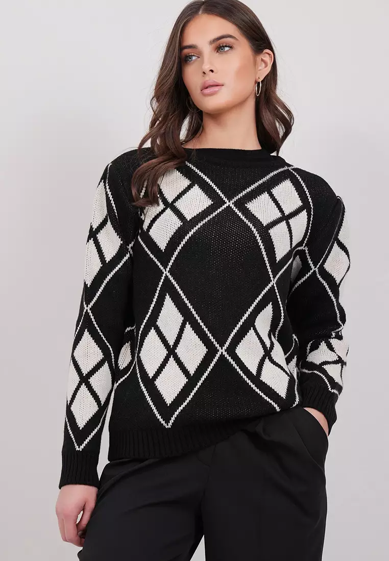 Crew Neck Argyle Patterned Premium Knitwear Sweater