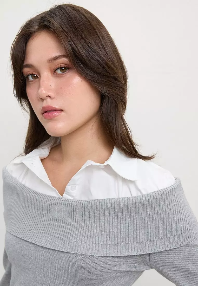Off-the-Shoulder Layered Knit Sweater with Collared Shirt Insert Detail - Light Grey