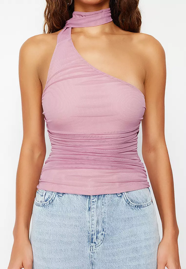 Pink Halter Drawstring Lined Stretchy Tulle Knitted Blouse