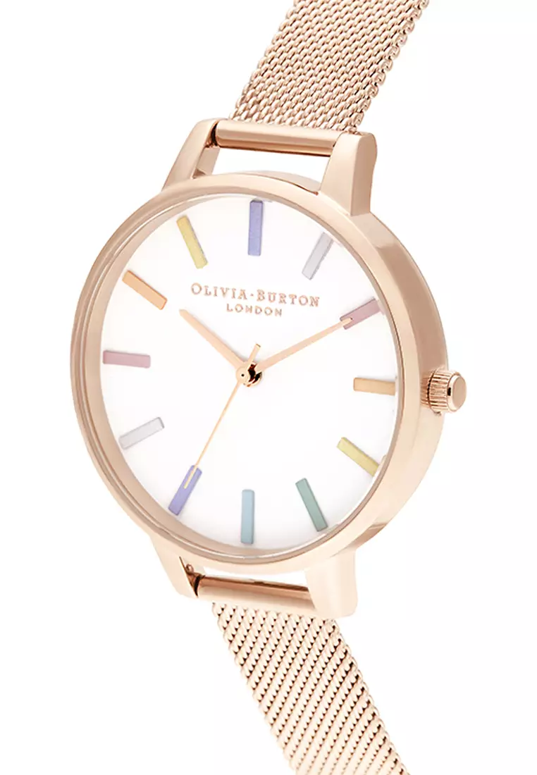 Olivia Burton Rainbow White Demi Dial Rose Gold Mesh Watch - OB16RB24