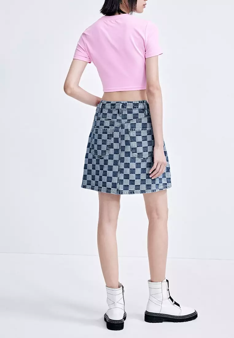 Blue checkered on sale denim skirt