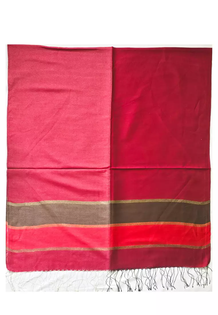 Aksesoris Scarf Wanita Raw Silk Stripes Border Shawl Syal Sutra Wanita  Maroon