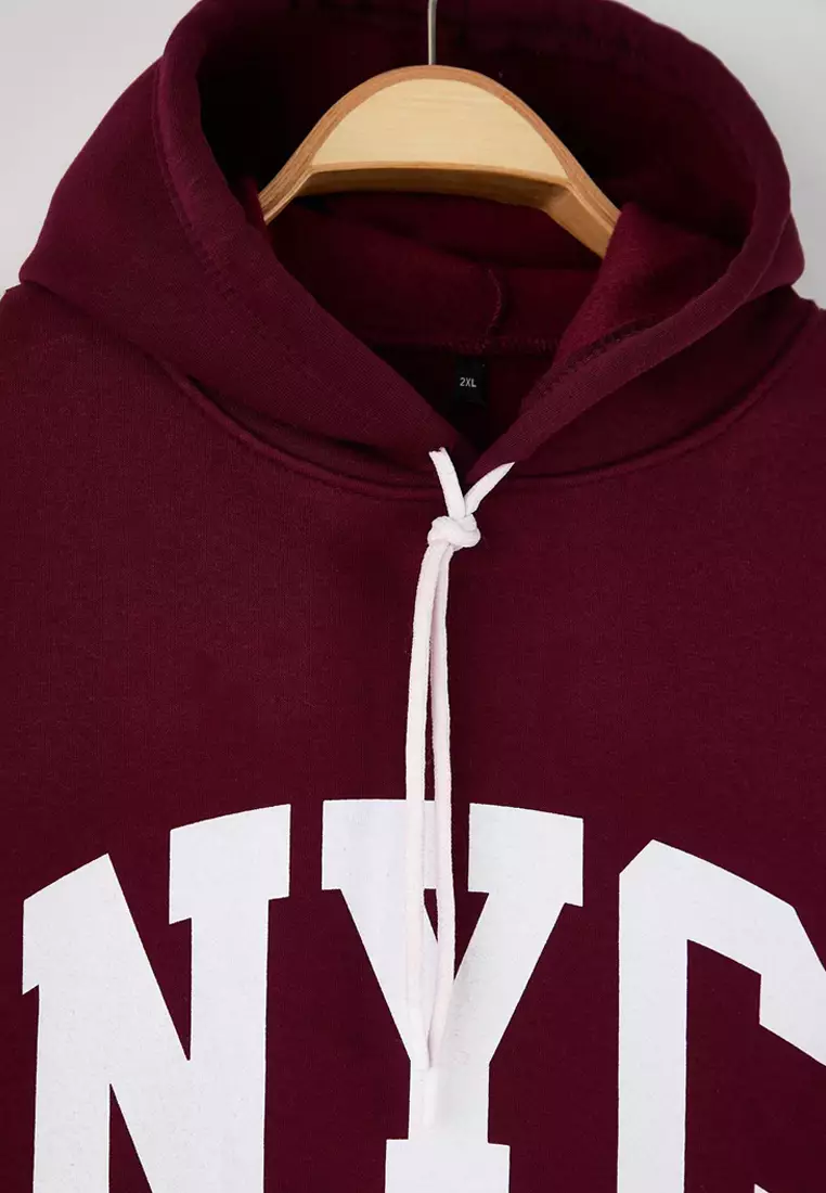 Burgundy College Themed Hooded Fleece Inside Oversized Sweatshirt Tbbaw26Ao00042