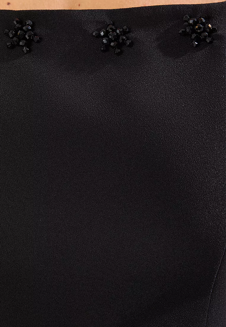 A-Cut Stone Accessory Detail Woven Midi Chic Dress