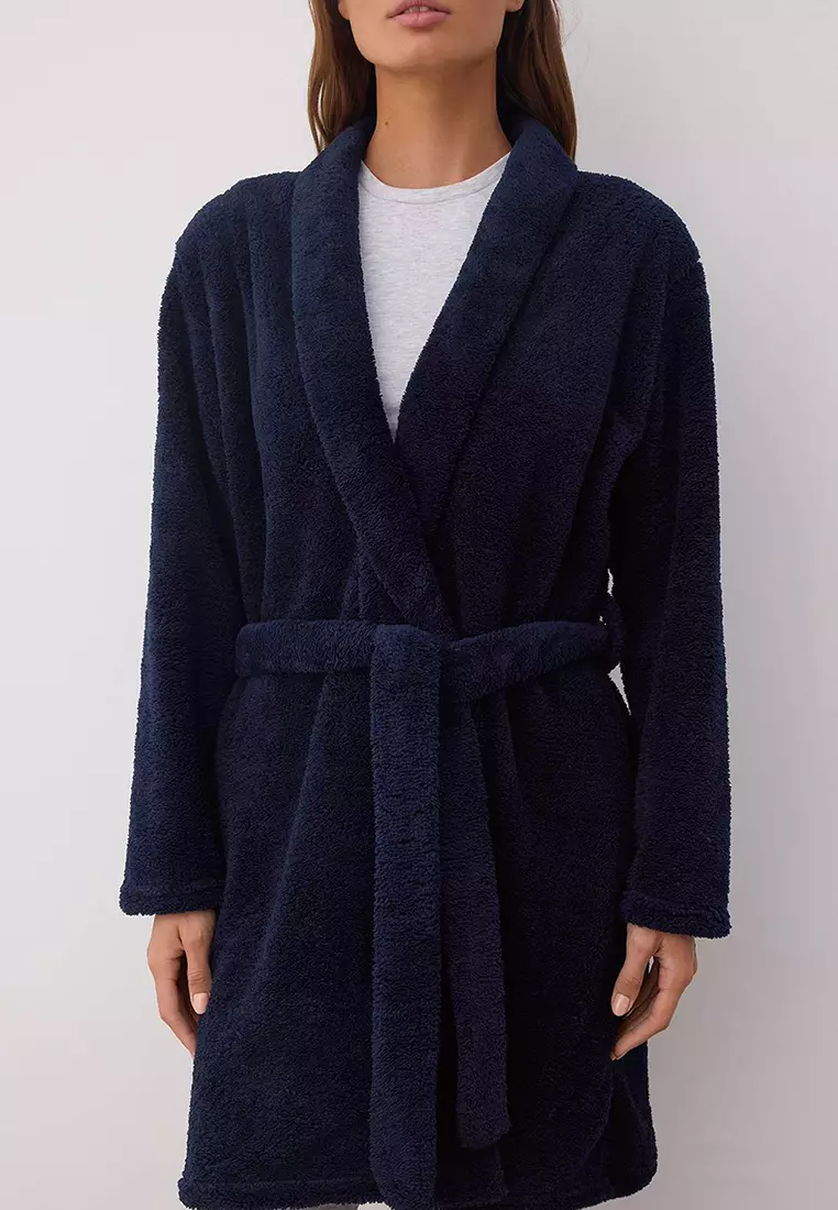 Navy Blue Belted Wellsoft Winter Knitted Dressing Gown Thmaw23Sb00000