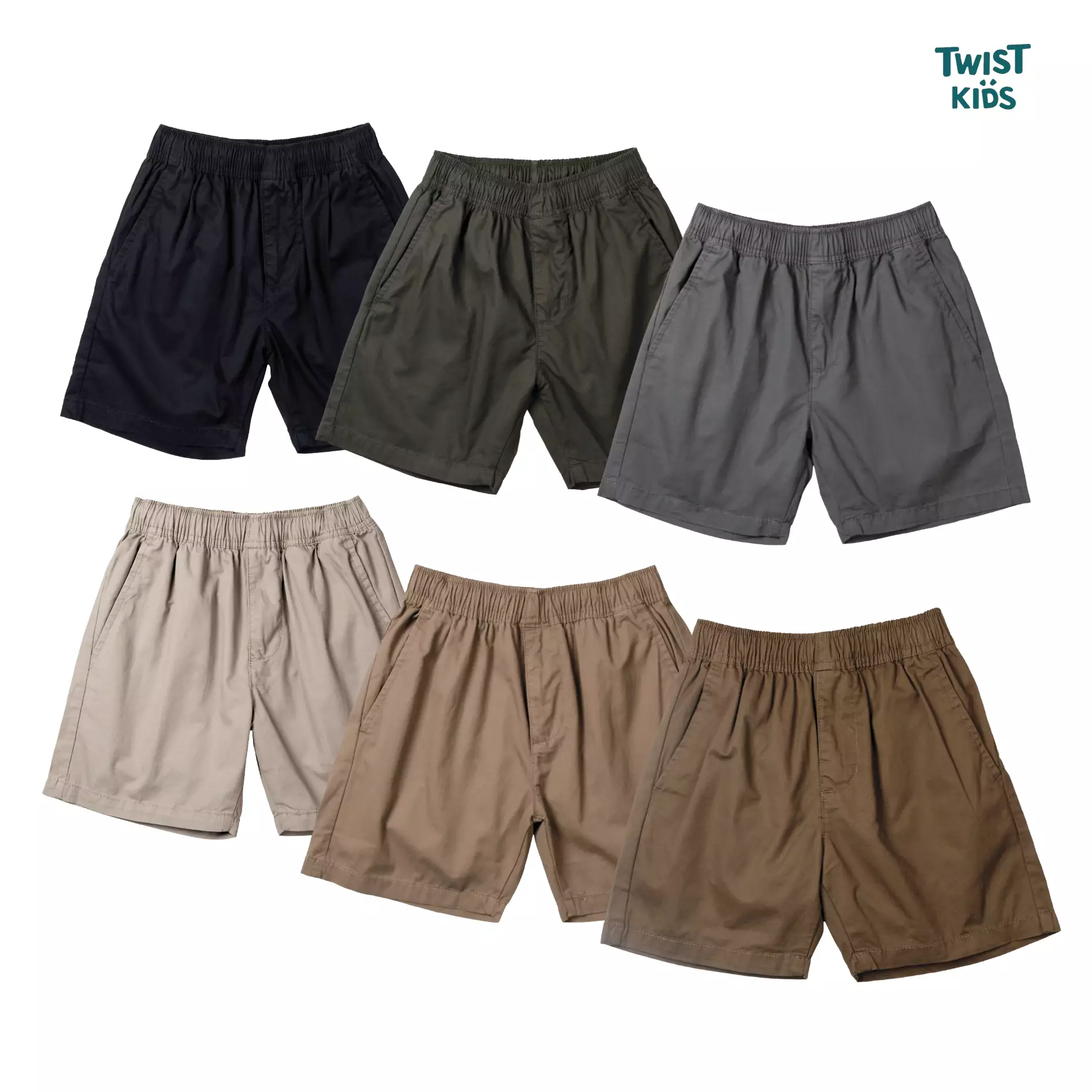 Twist Kids - Colson NC, Noos Series, Celana Pendek Katun Pinggang Full Karet Anak Laki-laki Warna Dark Olive