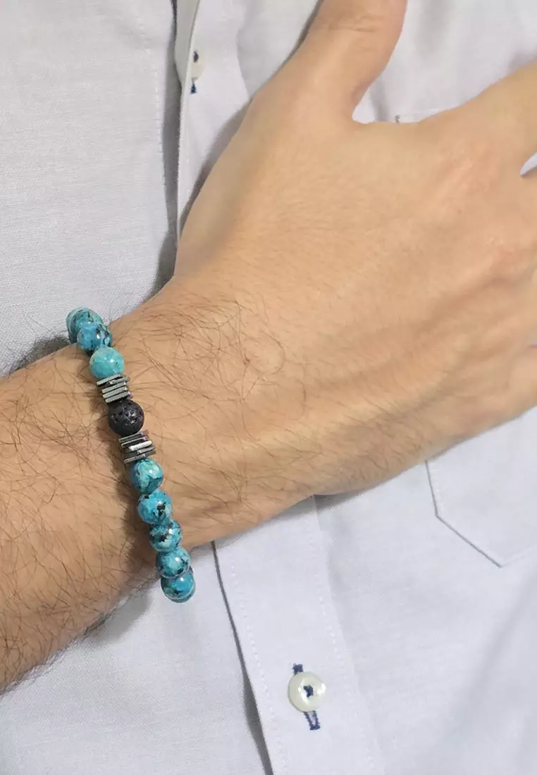 Aksesoris Gelang Pria Lava & Blue Agate Beads Bracelet Black & Blue