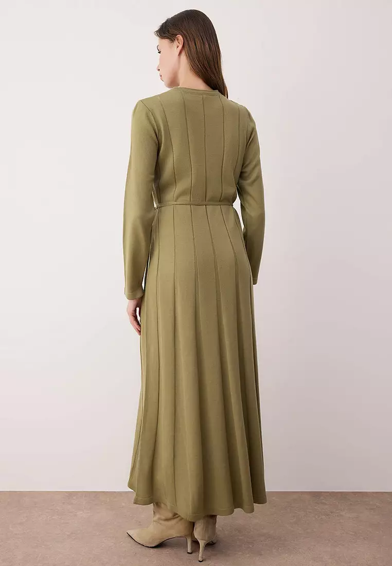Khaki Oil Green Thin Belted Pleated Knit Dress