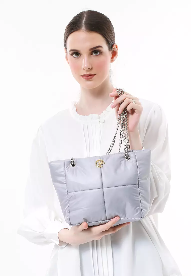 Reina Puffy Bag Two Ropes Smooth Shiny And Plain - Silver PVC