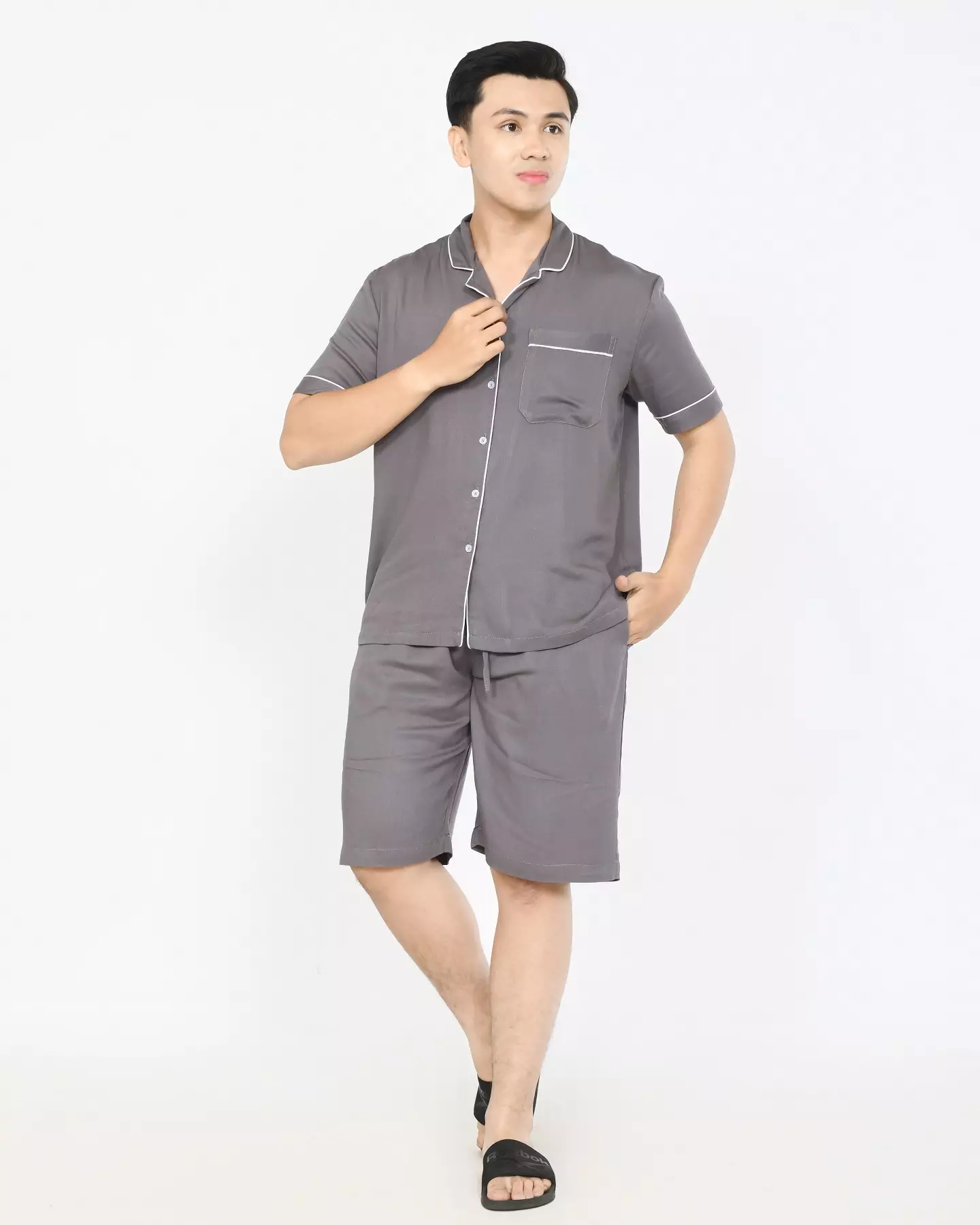 Setelan Piyama Lengan Pendek Dio [ABU-ABU] Baju Tidur Katun Pria Size L-XXL Polos