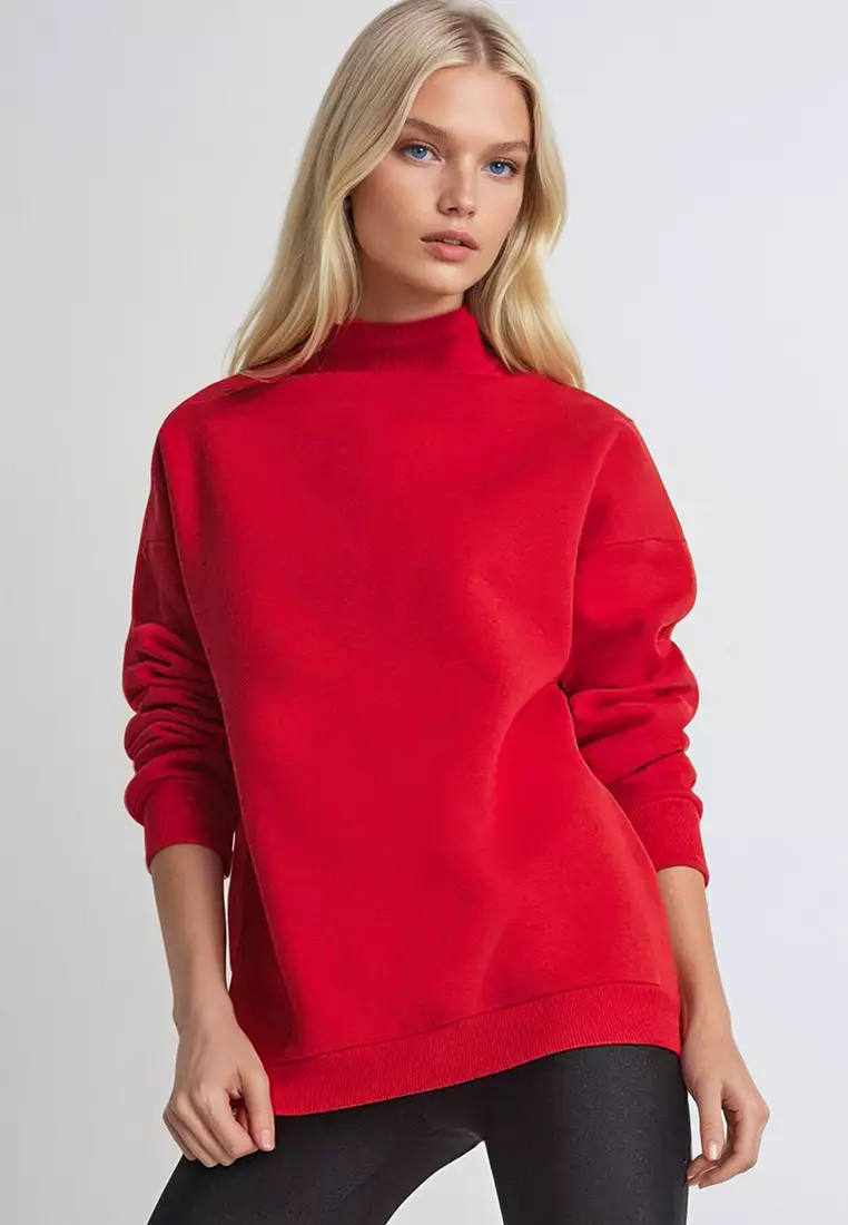 Women's Red Half Turtleneck Sweatshirt With Underwire Alc-X12627