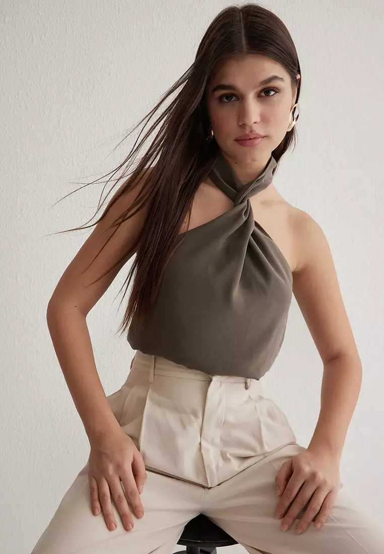 Khaki Halter Neck Knotted Woven Blouse