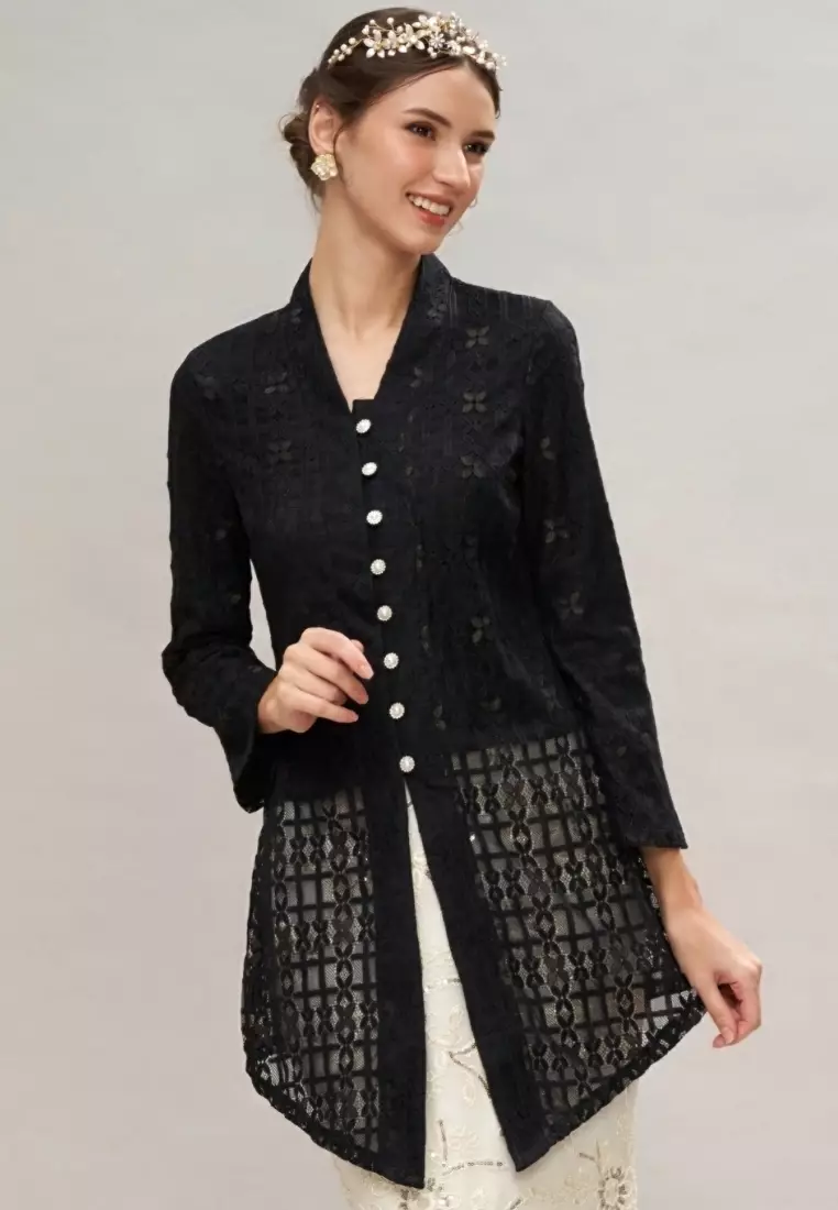 Black Checkered Lace Kebaya Top & Brokat Skirt