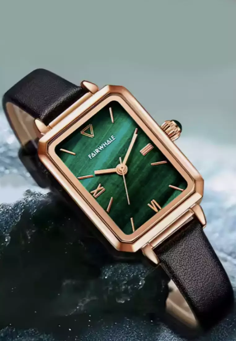 Ladies IP Rose Gold and Stainless Steel Quartz Watch, 32mm Watch Case Height, Leather Strap, Malachite Dial