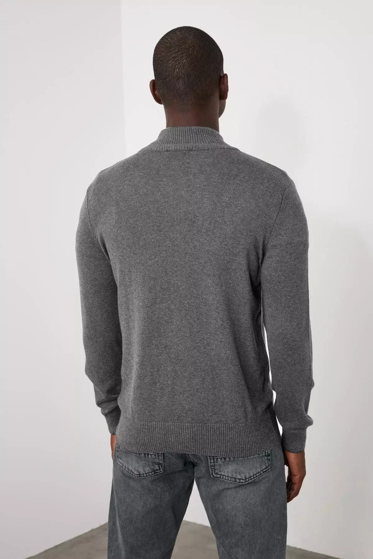 Gray Slim Fit Half Turtleneck Plain Knitwear Cardigan