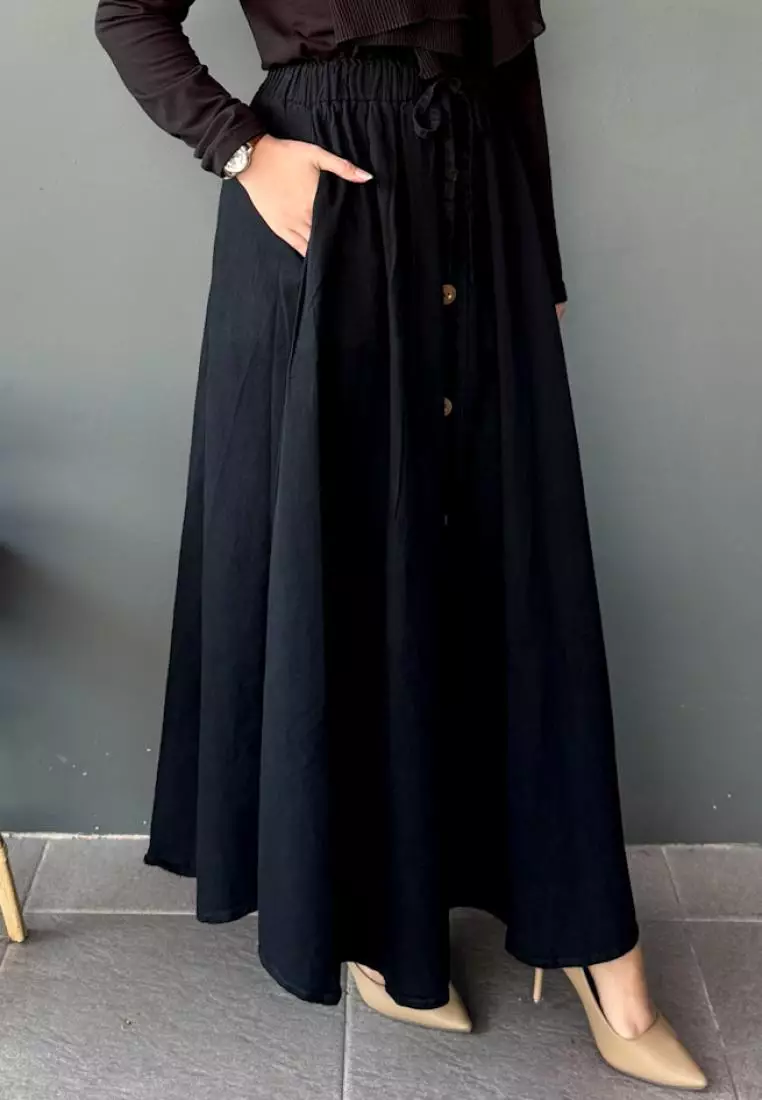 Vanya Denim Flare Skirt (Rok Panjang Muslim Wanita A-Line) Fit BB 95 kg