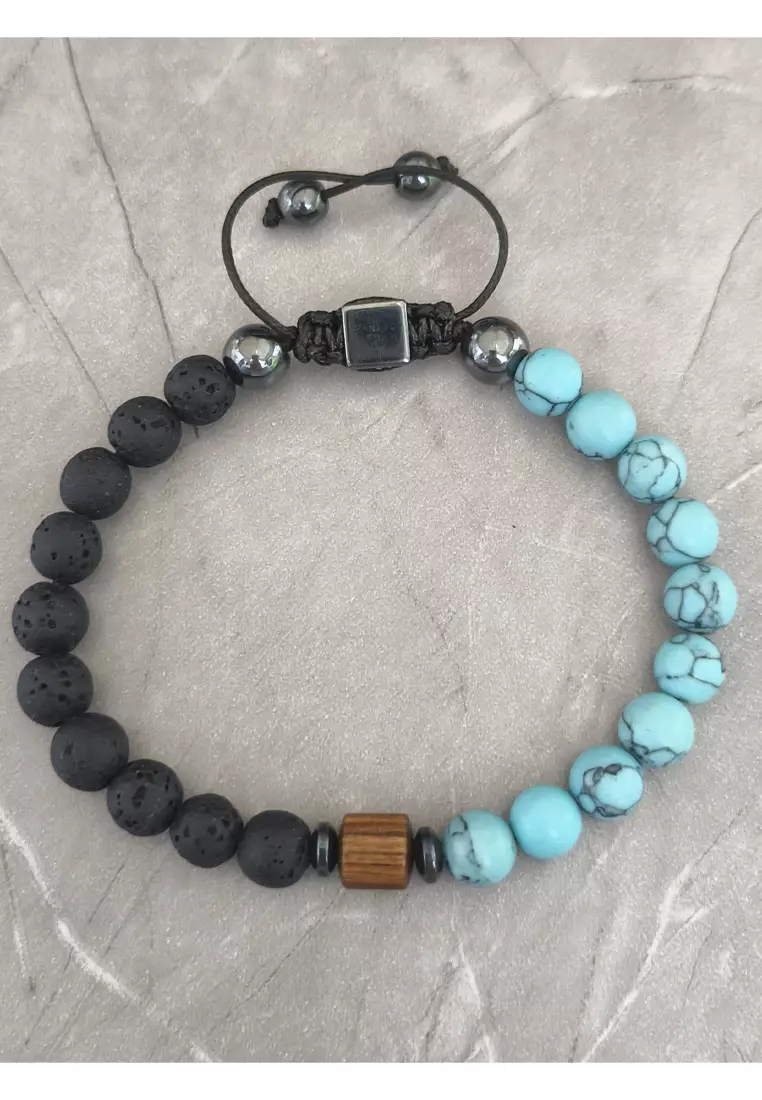 Aksesoris Gelang Pria Macrame Wooden Stump Center Turqouise & Lava Stones Bracelet Black & Turqouise