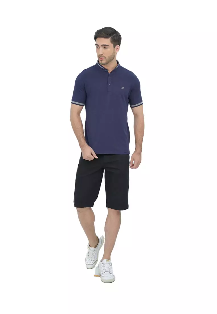 LGS - Kaos Casual Pria - Kerah Shanghai - Motif Polos Katun - Warna Biru Navy - JPS.321.C3516F.01.C