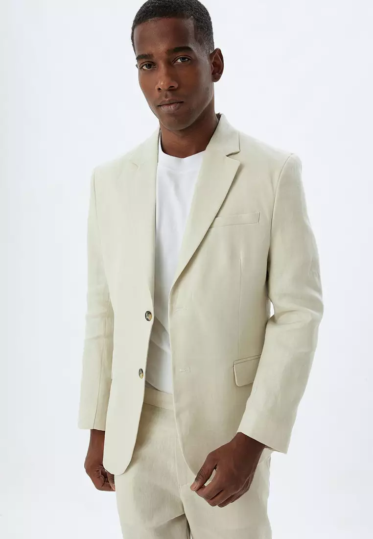 Linen Jacket Blazer Slim Fit Buttoned Pocket Detailed