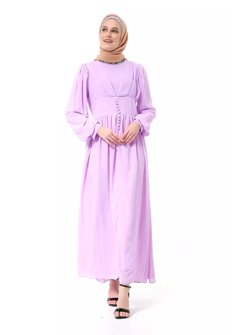 Khansa Long Dress Muslimah Atasan Wanita Long Sleeve Motif Polos High Quality - Ungu Muda