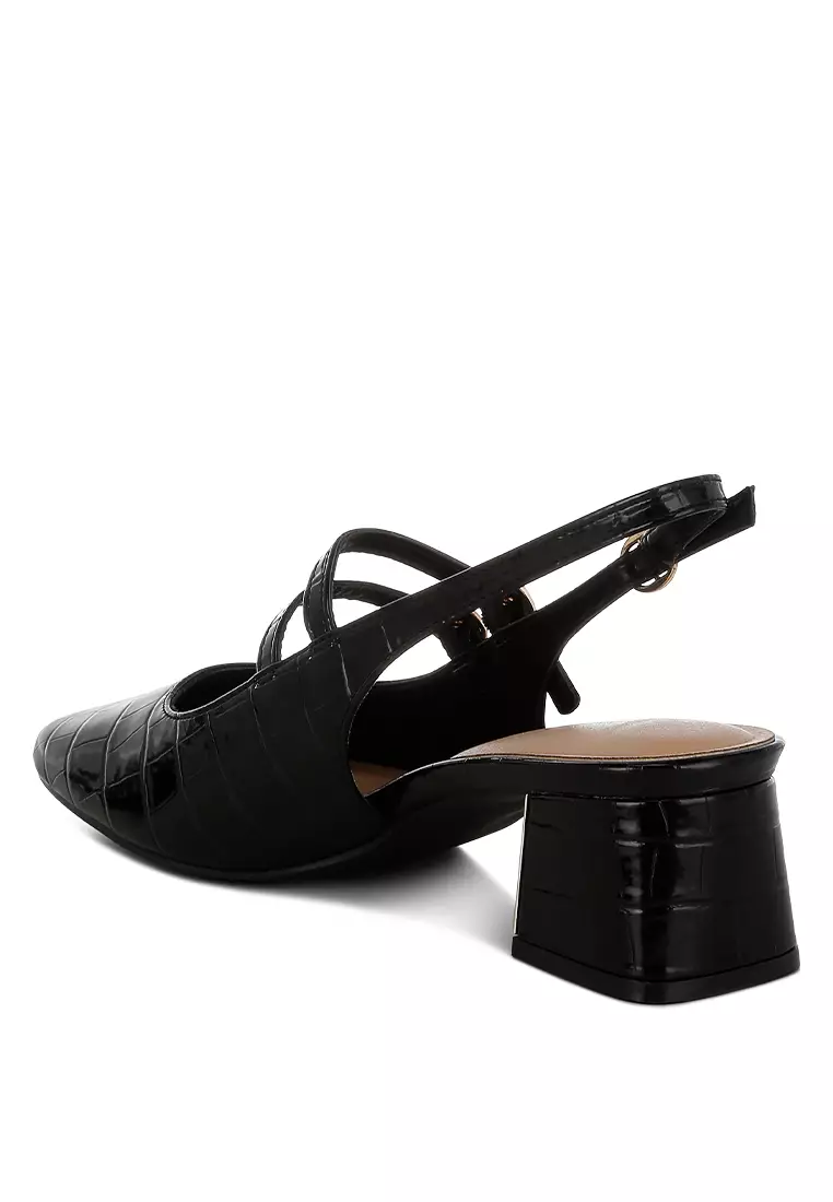 Block Heel Croco Slingback Sandals in Black