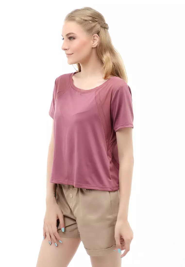 Wish Kaos Sport Wanita Short Sleeve Absorb Sweat Kombinasi Jaring Material Polyester ORIGINAL - Raspberry