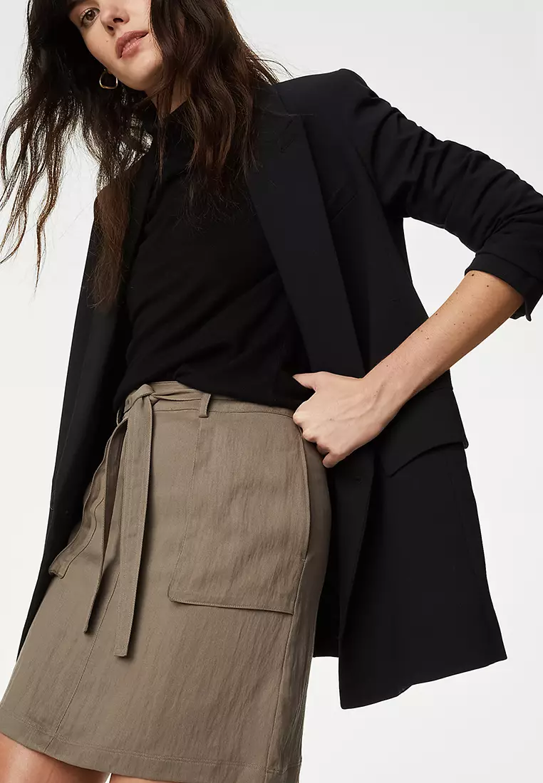 Lyocell Rich Belted Mini A-Line Skirt
