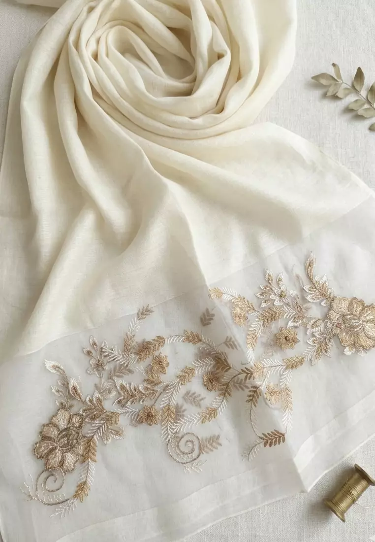 Golden Thread Embroidery Camelia Floral Silk Shawl Syal Sutra Wanita Broken White