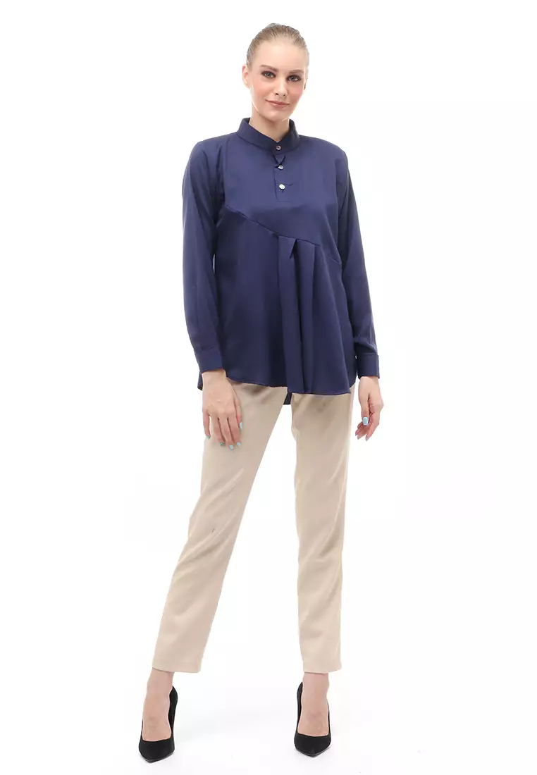 Blouse Atasan Wanita Motif Polos Design Simple Front Button Opening Regular Fit - Navy