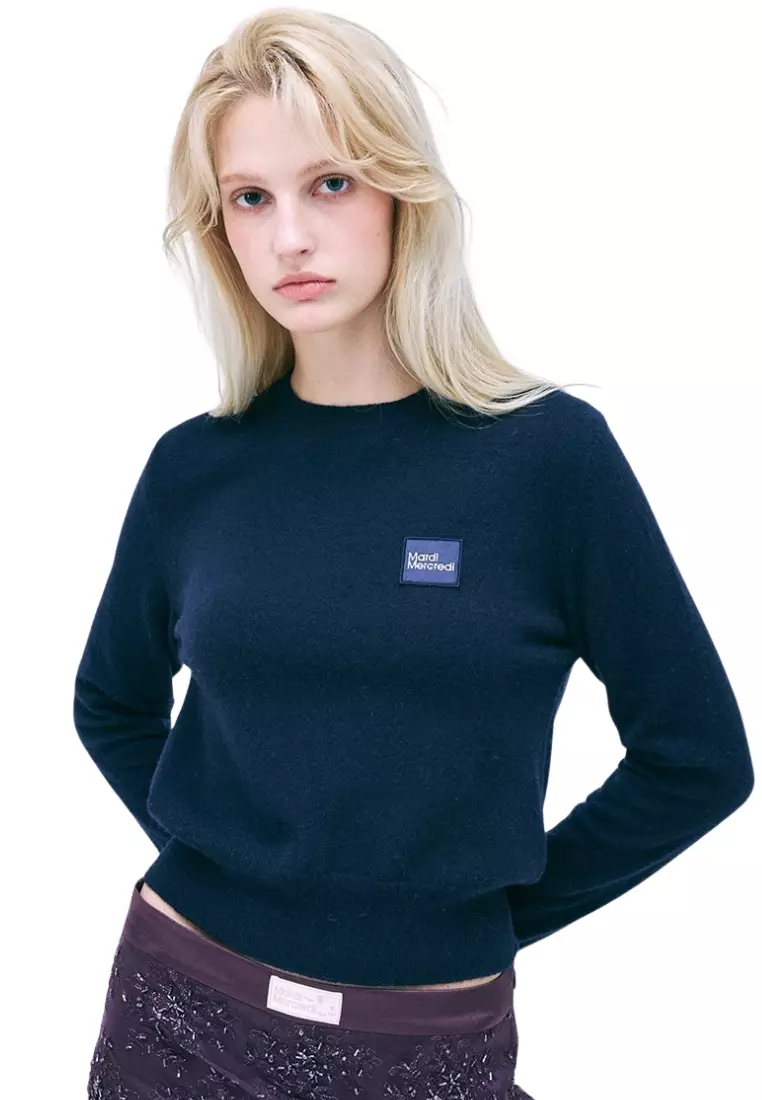 Cashmere Blended Round Neck Square Logo - Navy