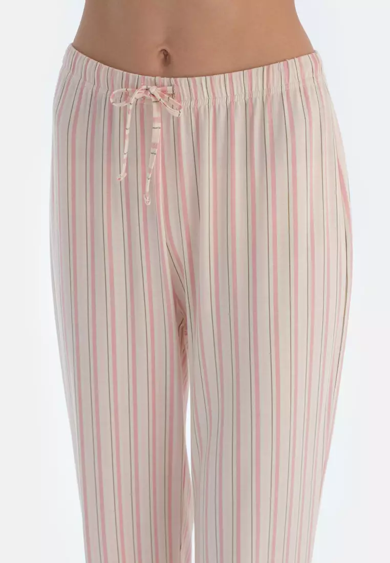 Pink Shirt & Trousers, Striped, Shirt Collar, Regular, Long Leg, Short Sleeve Sleepwear for Women