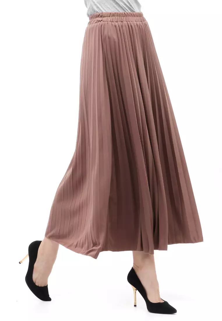Skirt Plisket Bawahan Wanita Motif Polos Relaxed Fit - Mocca