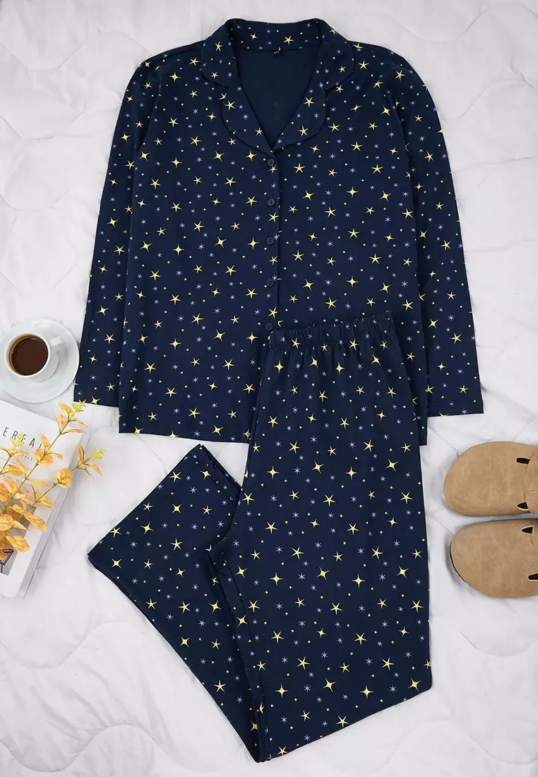 Navy Blue 100% Cotton Galaxy Pattern Shirt-Pants Knitted Pajamas Set Tbbaw26Ai00017