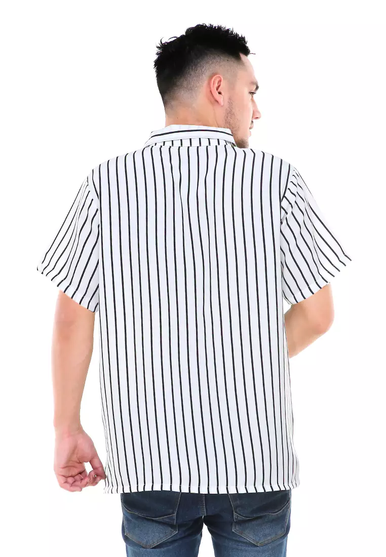 Dwan Atasan Kemeja Pria Vertical Lines Casual Shortsleeve Shirt Material Cotton ORIGINAL - White