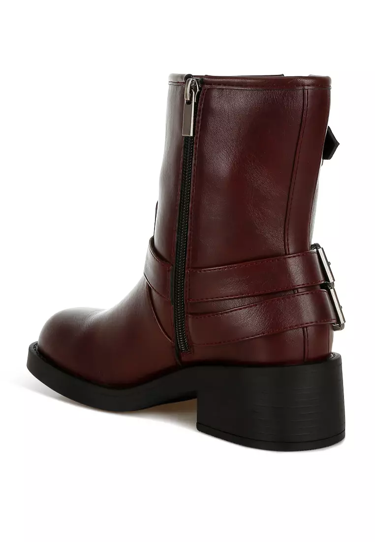 Harness Detail Biker Boots in Burgundy