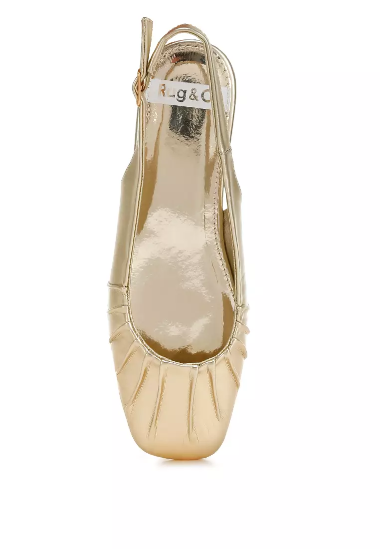 Metallic Square Toe Flat Slingbacks in Gold