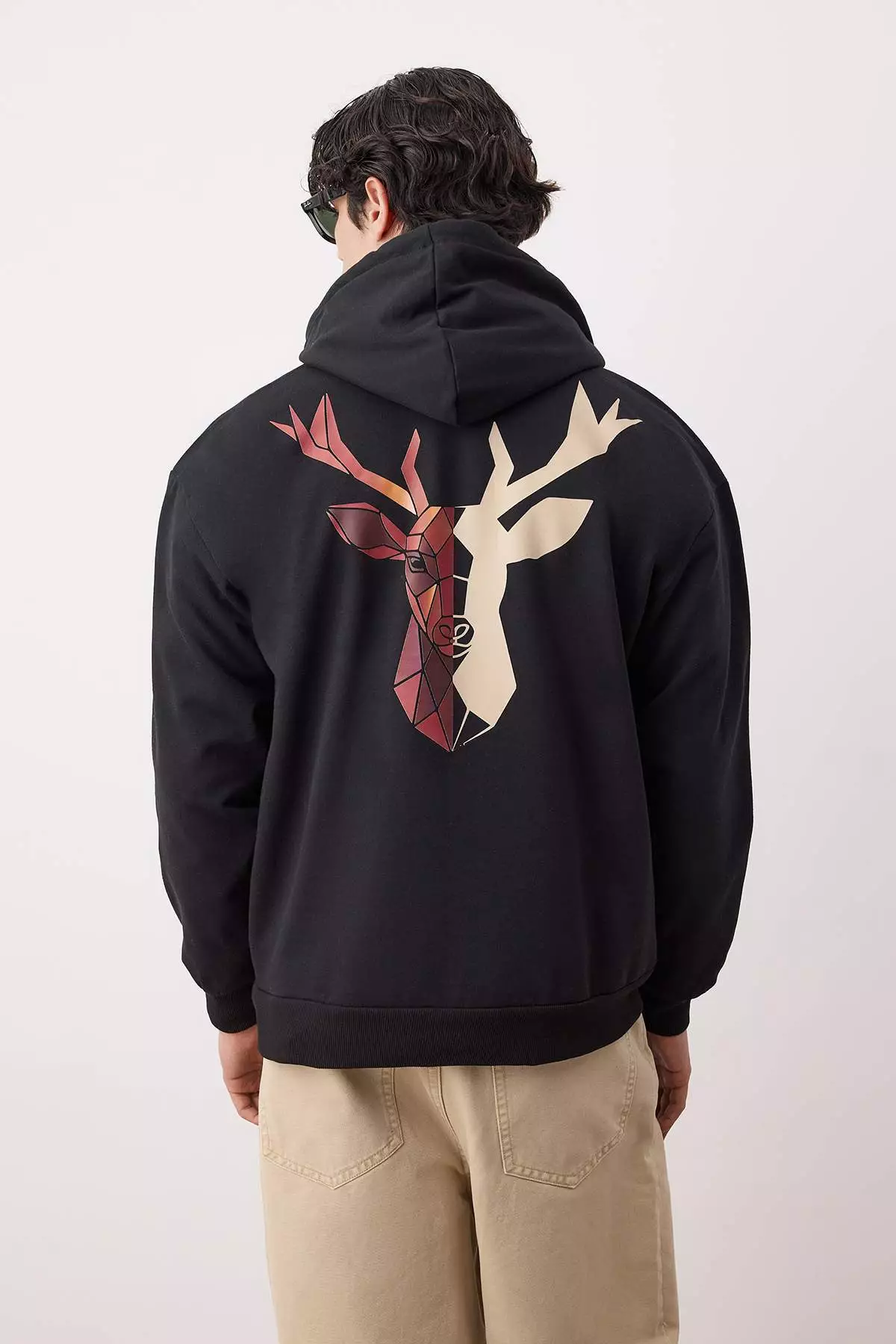 Black Oversize/Wide Cut Hooded Fleece/Warm Deer Printed Sweatshirt